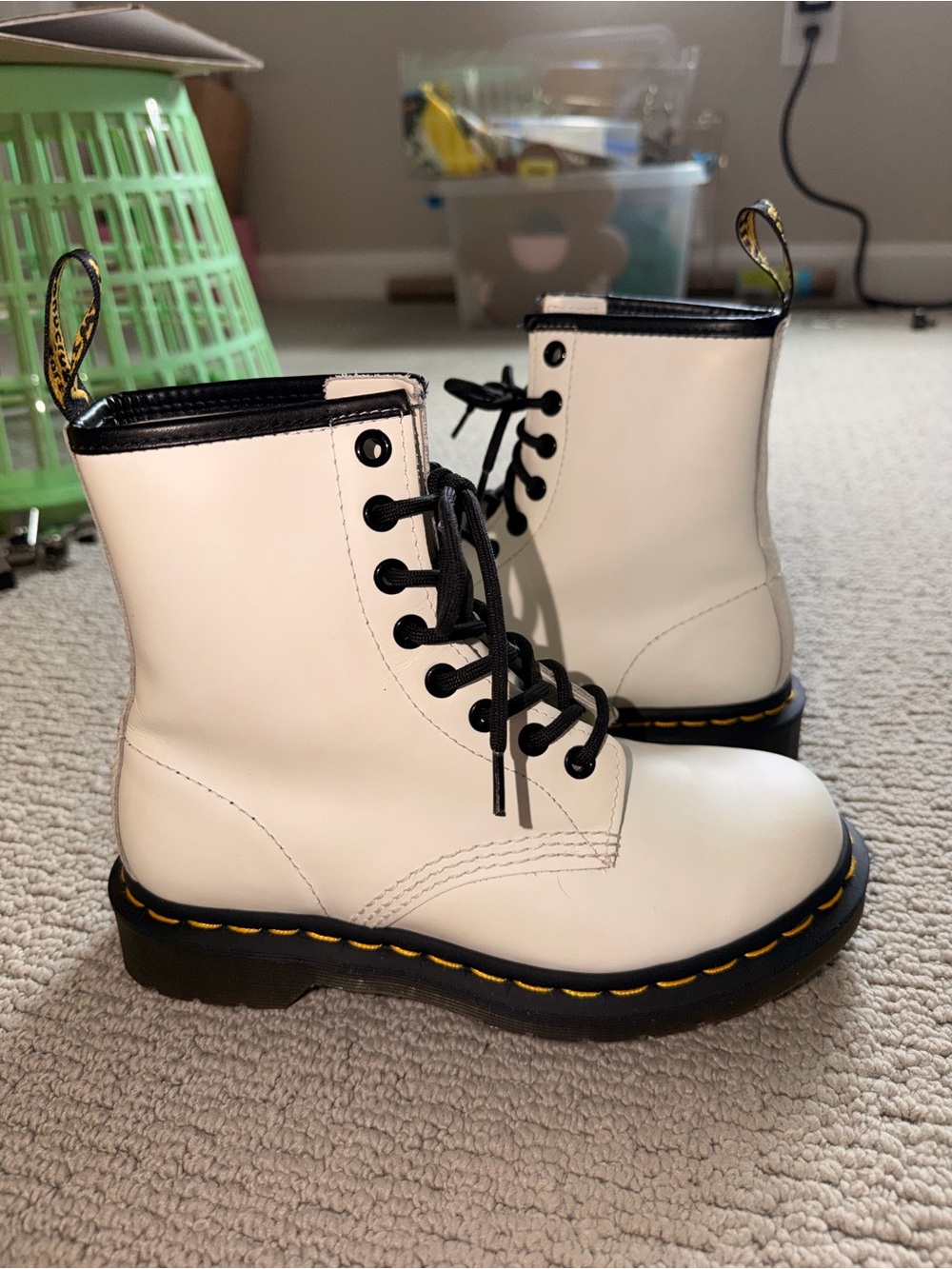 Women's Doc Martins White Lace-Up Combat Boots with Black Trim Size 5